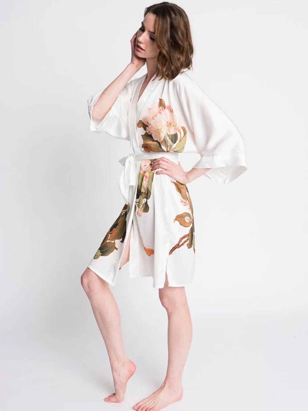 Kim + Ono Peony and Butterfly Short Kimono Robe White One Size Satin Charmeuse